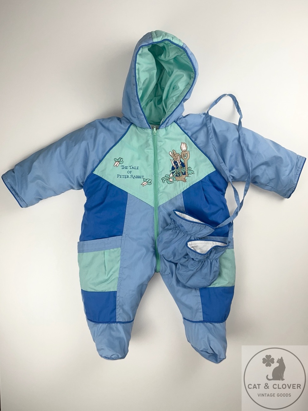 90s Beatrix Potter Peter Rabbit Quiltex Blue Hooded Snowsuit & Mittens 6M